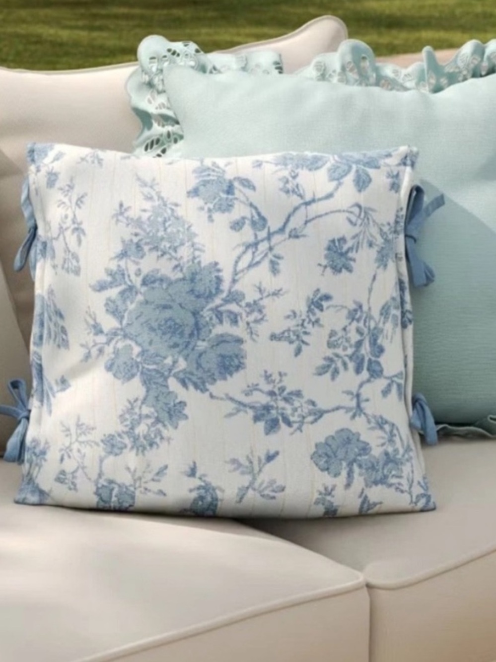 Threshold Studio McGee Blue and White Floral Tie-Accent Outdoor Throw Pillow